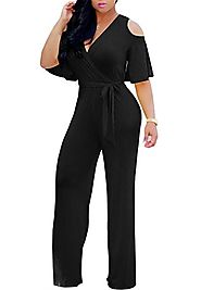 Gludear Women Sexy Wrap Cold Shoulder Ruffles Wide Leg Jumpsuit Rompers,Black,XXL