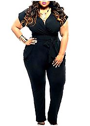 Coolred Women's Short Sleeve Deep-V Neck Plus-size Belted Jumpsuits Black 2XL