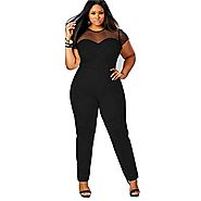 eShow Women Plus Size Perspective Clubwear Bodycon Long Jumpsuit Rompers (XXXL, Black)