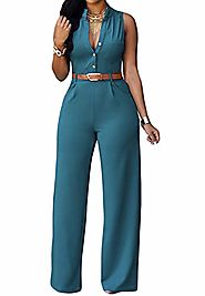 Roswear Women's Sexy Plunge V Neck Belted Wide Leg Jumpsuits Romper Jade X-Large