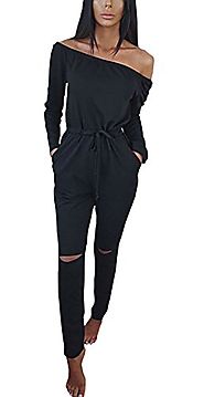 Hibluco Women's Sexy Off Shoulder Jumpsuits Knee Hole Pants Party Club Rompers (XX-Large, Black)