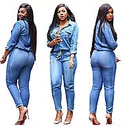 Women's Plus Size Jumpsuits Long Sleeve Casual Jean Rompers (2XL)