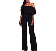 Vamvie Women's Sexy Off Shoulder Lace Ruffle Long Pants Wide Leg Jumpsuits Rompers,Black,XX-Large