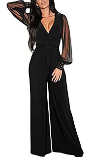 Sisiyer Women's Embellished Cuffs Long Mesh Sleeves Plunge V Neck Jumpsuit Black XX-Large