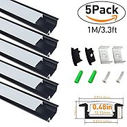 LightingWill 5-Pack 3.3ft/1M 9x23mm Black U-Shape Internal Width 12mm LED Aluminum Channel System with Cover, End Cap...