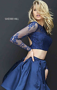 Sherri Hill 50533 Beaded Navy Lace Long Sleeves Cheap Two Piece Taffeta Homecoming Dresses
