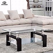 VIRREA Glass Coffee Table Shelf Chrome Base Living Room Furniture (Rectangular, Black)