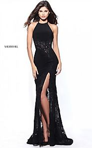 2017 Black Prom Sherri Hill 51019 Lace Appliqued Halter High Slit Long Dress [Black Sherri Hill 51019] - $192.00 : 20...