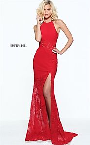 2017 Sherri Hill 51019 Red Lace Appliqued Halter High Slit Evening Gown [Sherri Hill 51019 Red] - $192.00 : 2016 Prom...