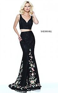 Black/Multi Floral Appliqued Lace Slim 2-PC Mermaid Gown By Sherri Hill 50778 [Black/Multi Sherri Hill 50778] - $268....