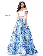 2 Piece 2018 Ivory/Blue Sherri Hill 51680 Floral Printed Long Mikado Prom Dresses [Sherri Hill 51680 Ivory/Blue] - $2...