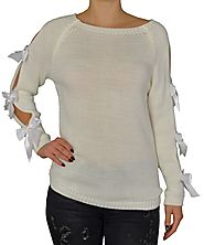 Γυναικείο πλεκτή μπλούζα με φιόγγους στα μανίκια λευκή 6519 | Γυναικεία πλεκτά | toRouxo.gr