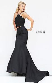 Sherri Hill 50419 Beaded Two Piece Lace Appliques 2017 Halter Neckline Black Long Satin Mermaid Dresses [Sherri Hill ...