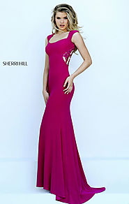 Tapered Straps Cutout Applique 2016 Magenta Boat Neckline Sherri Hill 50286 Long Satin Evening Gown [Sherri Hill 5028...