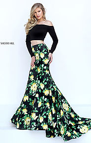 2017 Two Piece Sherri Hill 50422 Floral Printed Long Sleeves Black/Yellow Long Prom Dresses [Sherri Hill 50422 Black/...