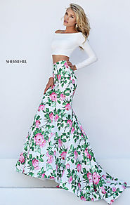 Ivory/Pink Two Piece 2017 Long Sleeves Sherri Hill 50433 Off The Shoulder Neckline Long Floral Printed Mermaid Dresse...