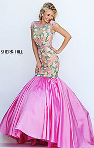 Cap Sleeves Floral Printed 2016 High Scoop Neckline Long Satin Prom Dresses Sherri Hill 50304 Beaded Nude/Candy Pink ...