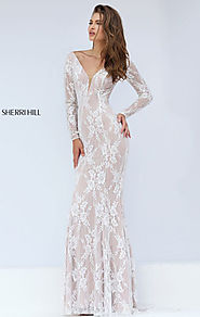 2016 Long Sleeves Ivory/Nude Lace Patterned Long Evening Dresses Sherri Hill 50019 Deep V Neckline Open Back [Sherri ...