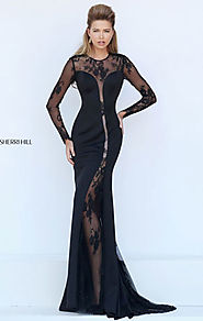 Black Lace Applique Long Sleeves 2016 Sherri Hill 50322 High Neckline Long Satin Prom Dresses [Sherri Hill 50322 Blac...