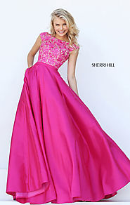 2016 Bateau Neckline Sherri Hill 50346 Beaded Appliques Fuchsia Cap Sleeves Long Satin Evening Dresses [Sherri Hill 5...