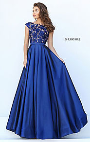 Beaded Appliques Navy Sherri Hill 50346 Cap Sleeves Bateau Neckline 2016 Long Satin Prom Dresses [Sherri Hill 50346 N...