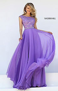 Sherri Hill 50041 Lace Applique Cap Sleeves Purple Beaded 2016 Scoop Neckline Long Chiffon Prom Dresses [Sherri Hill ...