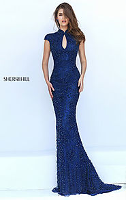 2016 Cap Sleeves Navy Open Back Sherri Hill 50058 Keyhole Beaded Embellishments Long Evening Dresses [Sherri Hill 500...