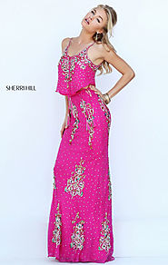 2016 Scoop Neckline Slim Straps Sleeveless Fuchsia/Multi Sherri Hill 50375 Beaded Patterned Long Evening Gown [Sherri...