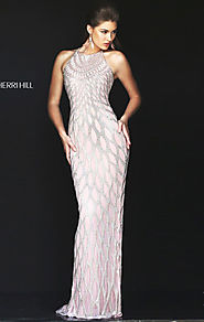 Beaded Patterned Blush/Silver Sherri Hill 50380 Halter Neckline Open Back Sleeveless 2016 Long Prom Dresses [Sherri H...