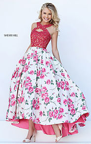 Sherri Hill 50481 Beaded Pink/Ivory Halter Neckline 2017 Lace Applique Cutout Long Floral Printed Prom Dresses [Sherr...