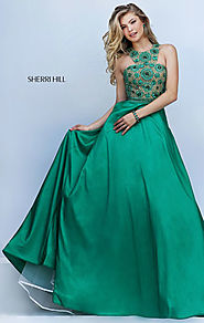 Beaded Patterned Sherri Hill 50106 Sleeveless Emerald Halter Neckline 2016 Long Satin Prom Dresses [Sherri Hill 50106...