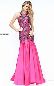 Halter Neckline Open Back 2016 Sherri Hill 50111 Beaded Patterned Fuchsia Sleeveless Long Satin Prom Dresses [Sherri ...