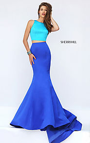 Two Piece Sherri Hill 50120 Sleeveless Bateau Neckline Cutout Turquoise/Royal Long Satin Prom Dresses 2016 [Sherri Hi...