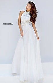 Halter High Neckline Ivory 2016 Sleeveless Sherri Hill 50128 Beaded Patterned Long Chiffon Evening Dresses [Sherri Hi...