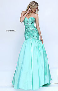 2016 Sweetheart Neckline Beaded Patterned Turquoise Strapless Open Back Sherri Hill 50136 Long Satin Evening Dresses ...