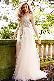 Blush Embellished Plunging Neck Column Prom Dress JVN41677