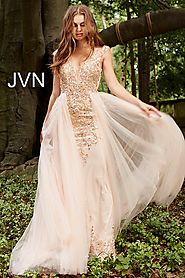 Blush Embellished Column Dress with Tulle Overlay JVN46081