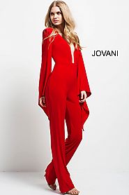 Red Plunging neckline Long Sleeve Jumpsuit