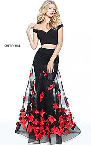 Black/Red Floral Appliques Off Shoulder 2-Piece Party Dress Sherri Hill 51062 [Sherri Hill 51062] - $243.00 : Cheap P...