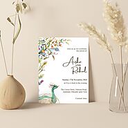 WHITE HANDMADE COTTON PEACOCK THEMED WEDDING INVITATION : PEACOCK_GREEN - 123WeddingCards