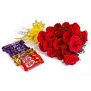 Buy/Send Bouquet of 20 Red Roses and Assorted Cadbury Chocolate Bars - YuvaFlowers