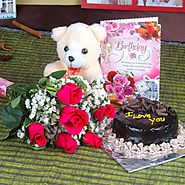 Buy/Send Roses and Chocolate Cake Hamper Including Teddy Bear with Birthday Greeting Card - YuvaFlowers
