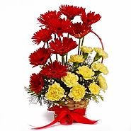 Buy/Send Basket of Red Gerberas with Yellow Carnations - YuvaFlowers