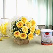 Send Yellow Magic (10 Yellow Rose,Rasgulla Tin 1kg) online @ Best Price