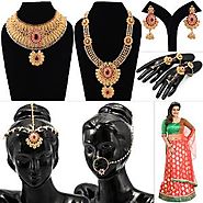 Kavya - 6 Pc Gold Look Jewellery Set With Red-Green Lehenga | Jewellery Combos - HomeShop18