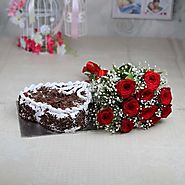 10 Red Roses with Fillers and 1 Kg Heart Shaped Black Forest Cake