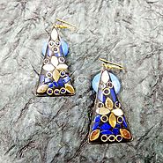 Buy and Send triangular hanging hook earrings, Golden Petal with bule chips inlay work Gifts Online Delivery Across I...