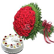 Bunch of 50 red roses with 1/2 kg pineappale cake- OyeGifts.com