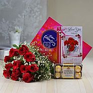 Cadbury Celebrations with Bunch of 12 Red Roses & Ferrero Rocher Box