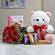 Bunch of 10 Red Roses with 12 inch Teddy Bear & Assorted Chocolates